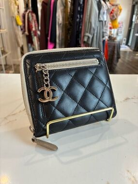 Chanel black and tan quilted wallet with keychain logo